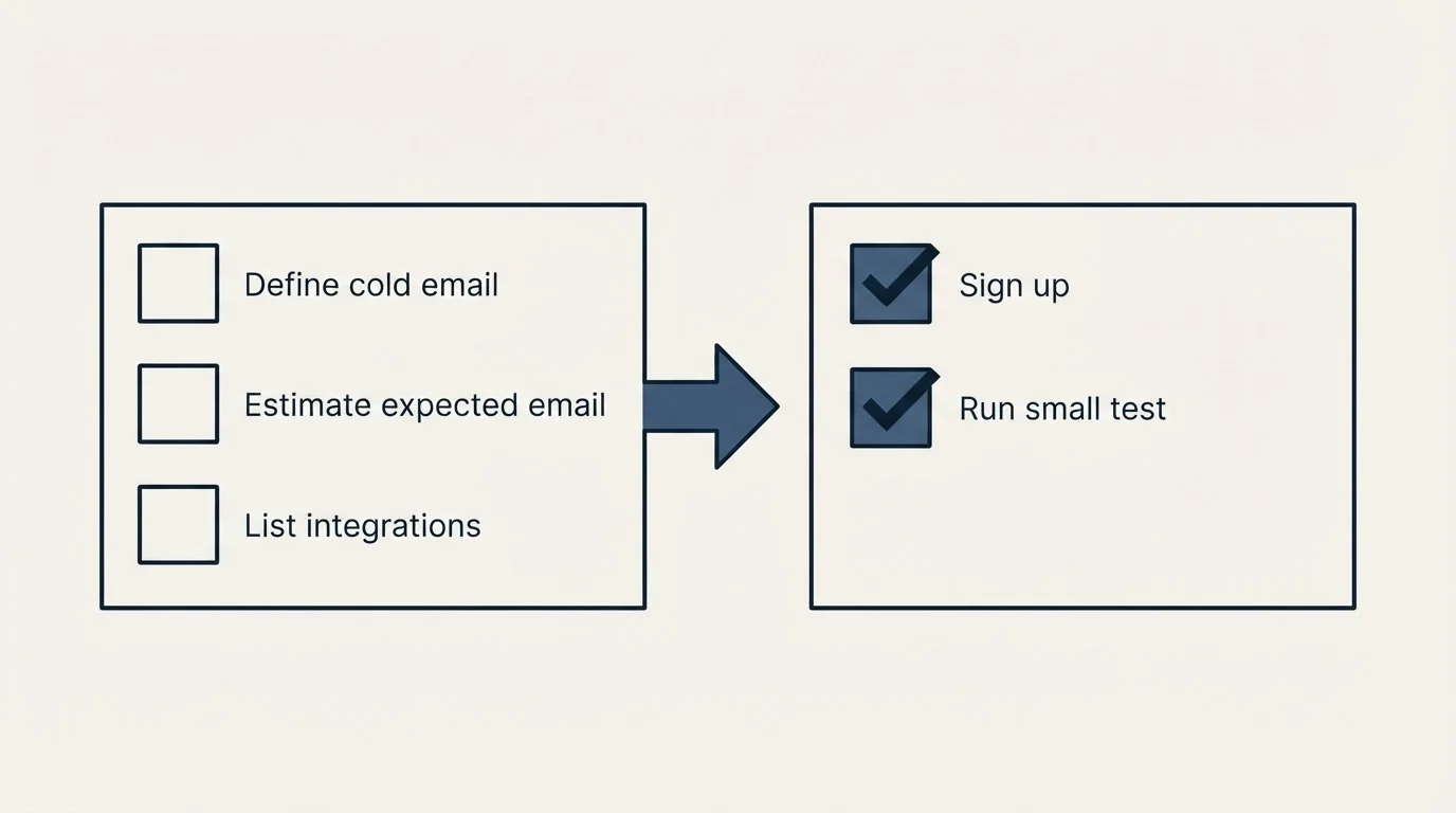 Before-and-after steps: Getting Started Checklist (Define cold email, Estimate expected email, List integrations, Sign up)