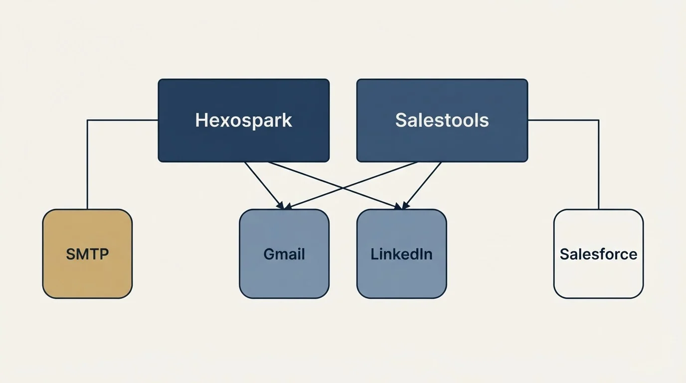 Integration grid: Integration Ecosystem (Hexospark, Salestools, Gmail, LinkedIn)