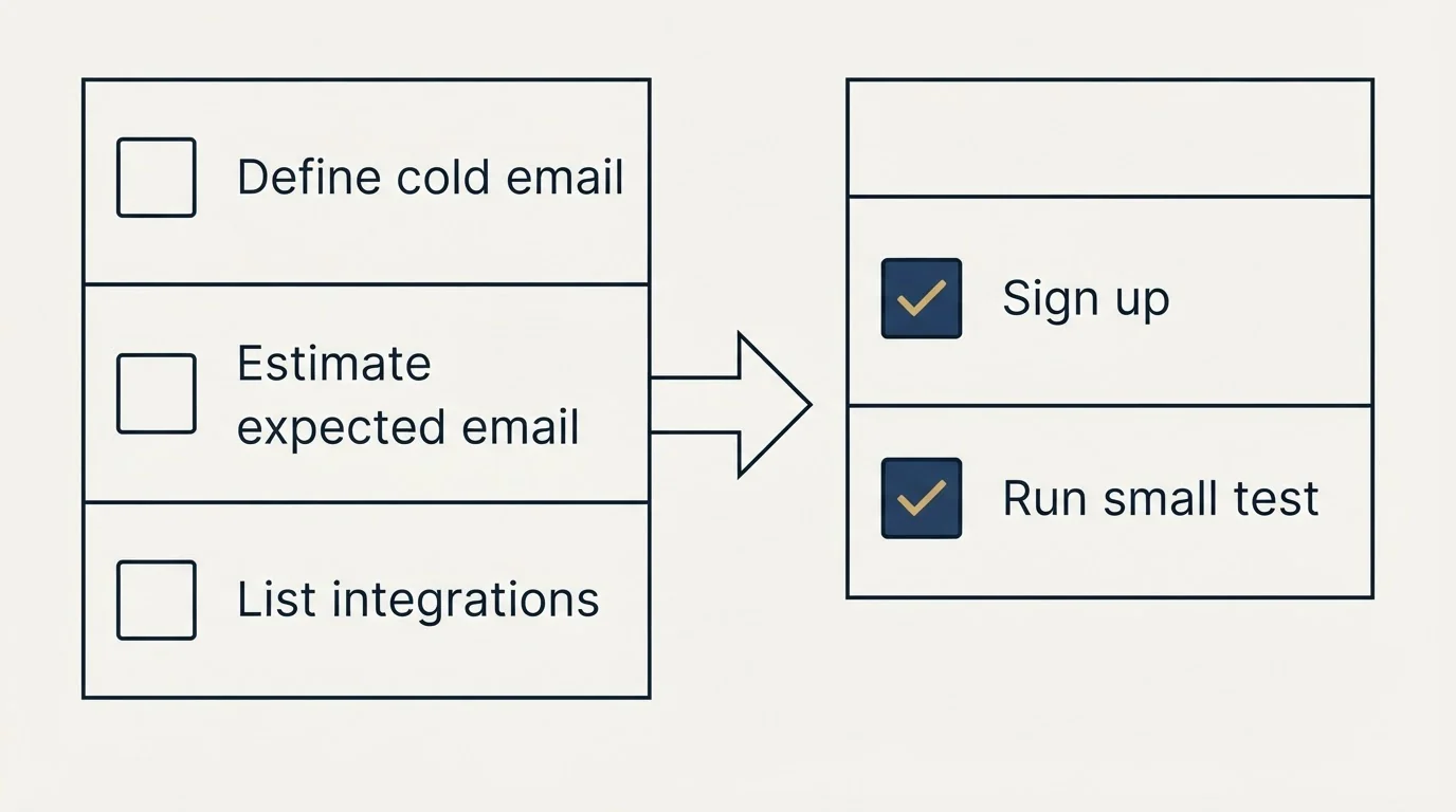 Before-and-after steps: Getting Started Checklist (Define cold email, Estimate expected email, List integrations, Sign up)