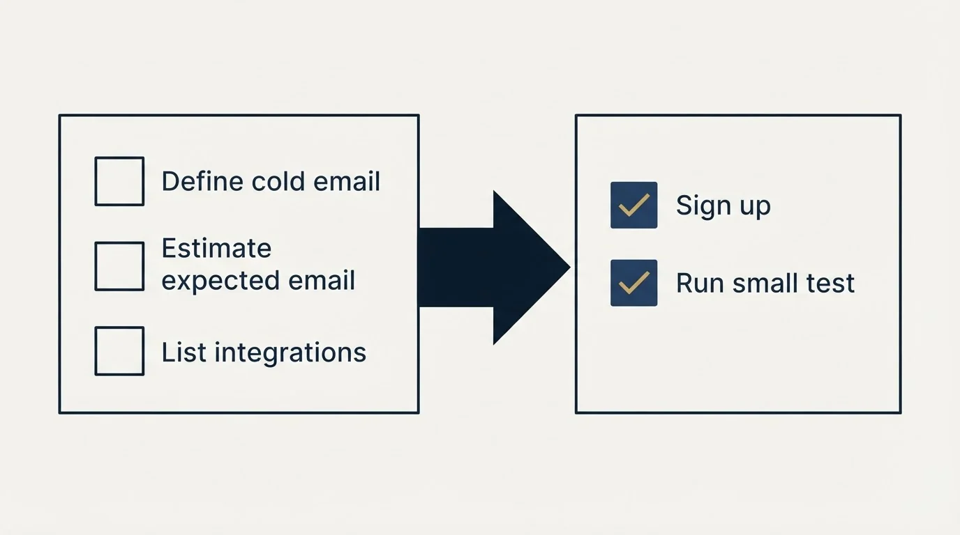 Before-and-after steps: Getting Started Checklist (Define cold email, Estimate expected email, List integrations, Sign up)