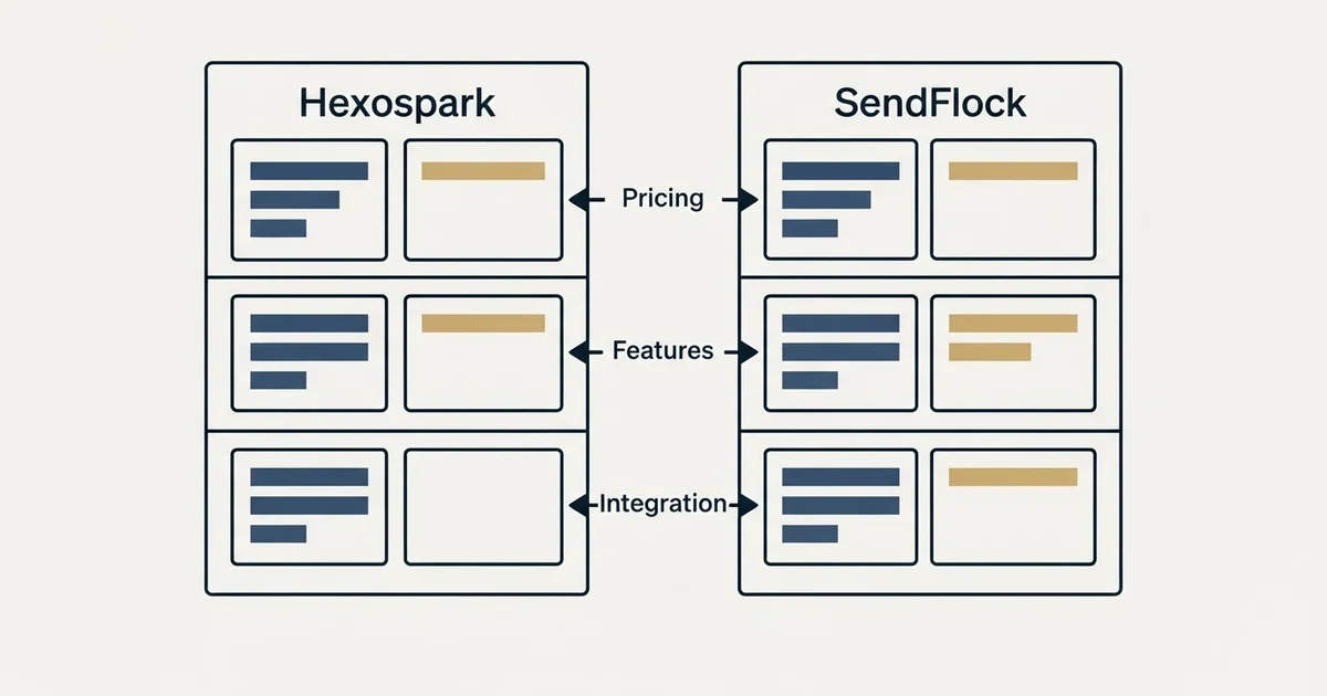Comparison panel: Hexospark vs SendFlock (Pricing, Features, Integration)