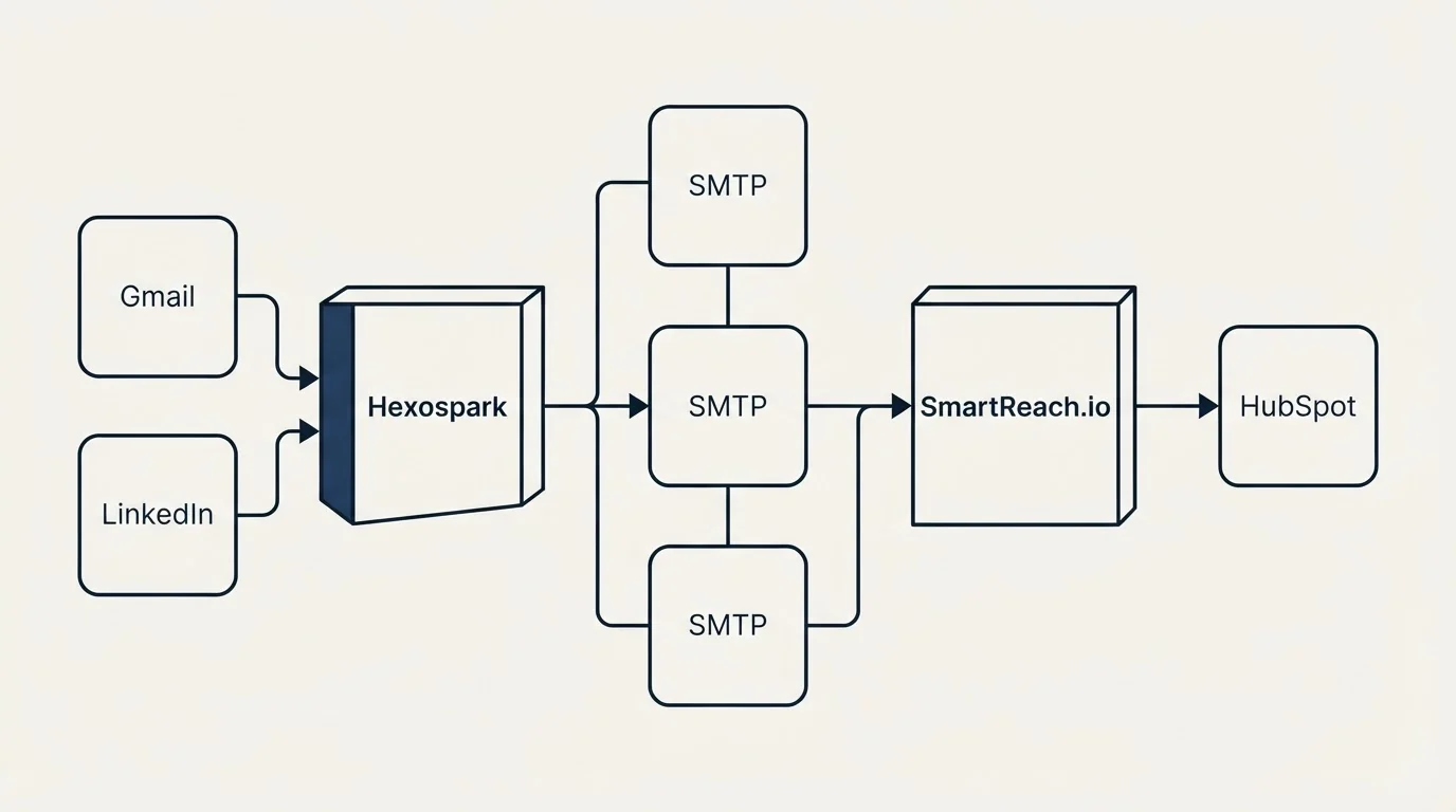 Integration flow: Integration Ecosystem (Hexospark, SmartReach.io, SMTP, Gmail)