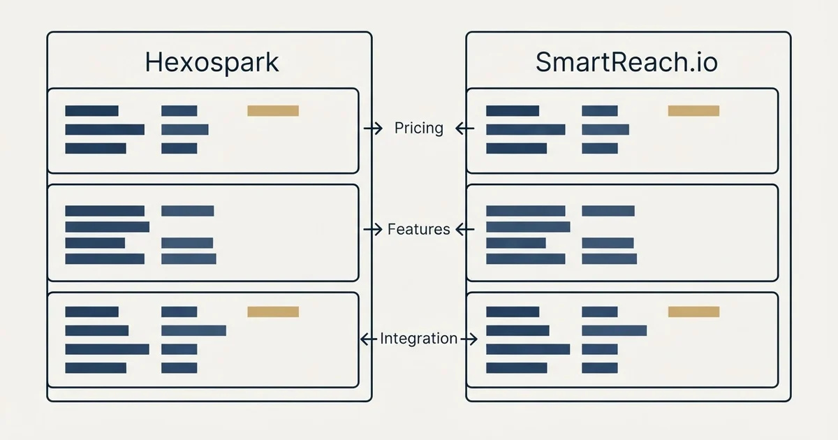 Comparison panel: Hexospark vs SmartReach.io (Pricing, Features, Integration)