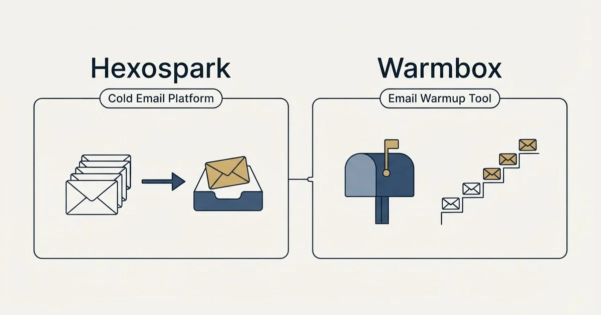 Side-by-side panels: Hexospark vs Warmbox (Cold Email Platform, Email Warmup Tool)