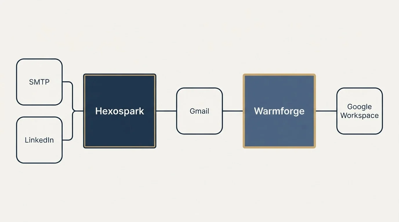 Integration schematic: Integration Ecosystem (Hexospark, Warmforge, Gmail, SMTP)