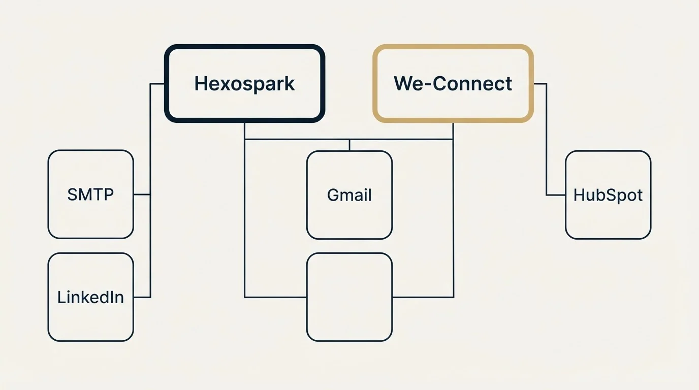 Integration grid: Integration Ecosystem (Hexospark, We-Connect, Gmail, SMTP)