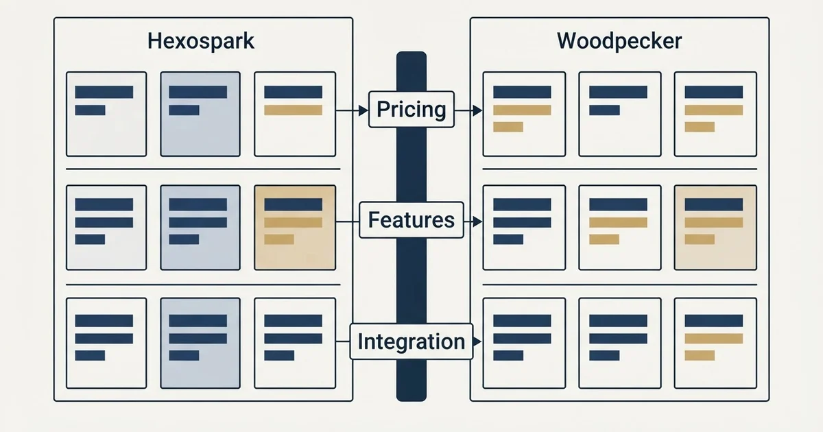 Comparison panel: Hexospark vs Woodpecker (Pricing, Features, Integration)