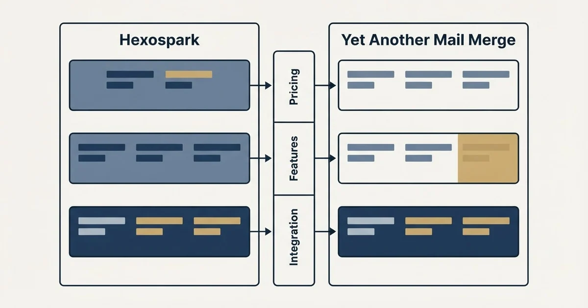 Comparison panel: Hexospark vs Yet Another Mail Merge (Pricing, Features, Integration)