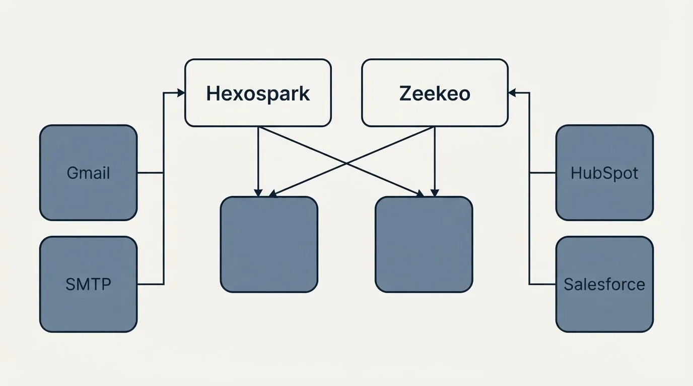 Integration grid: Integration Ecosystem (Hexospark, Zeekeo, Gmail, HubSpot)
