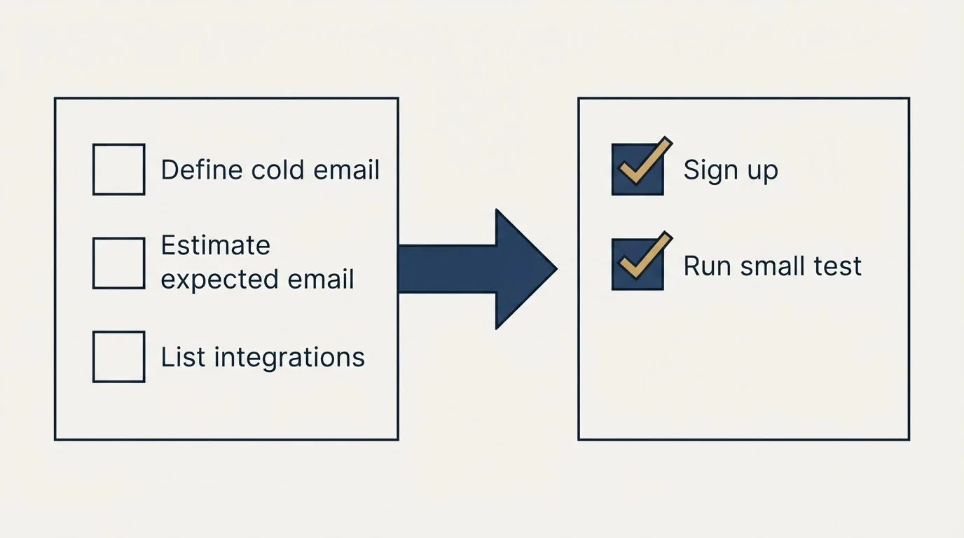 Before-and-after steps: Getting Started Checklist (Define cold email, Estimate expected email, List integrations, Sign up)