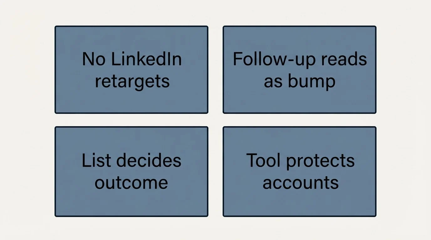Schematic: How we use it, and the doctrine that constrains it (No LinkedIn retargets, Follow-up reads as bump, List decides outcome, Tool protects accounts)