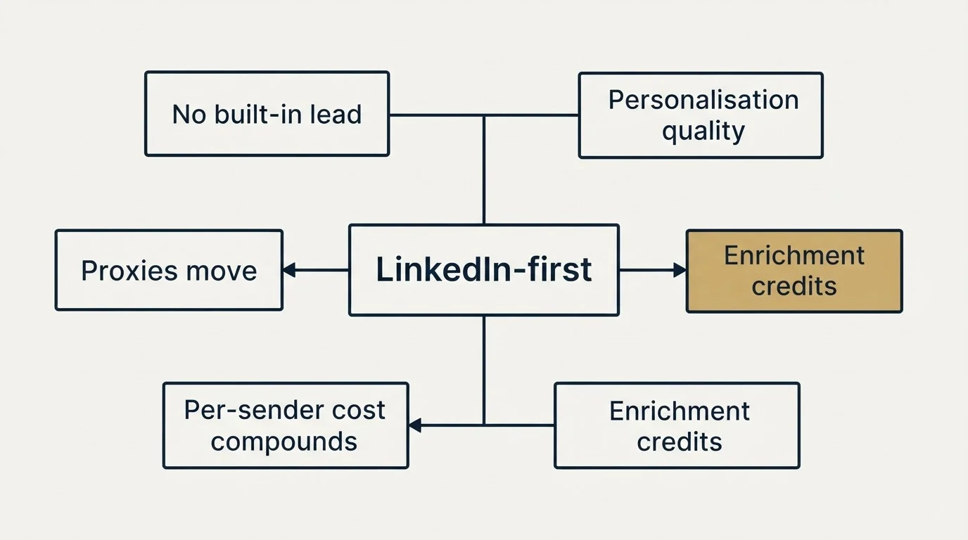 Schematic: Honest limitations (LinkedIn-first, No built-in lead, Personalisation quality, Enrichment credits)