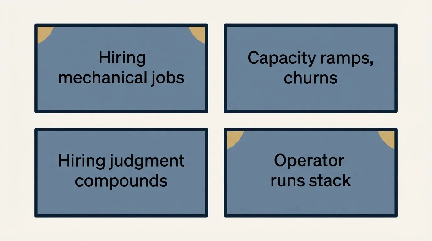 Schematic: The actual decision (Hiring mechanical jobs, Capacity ramps, churns, Hiring judgment compounds, Operator runs stack)