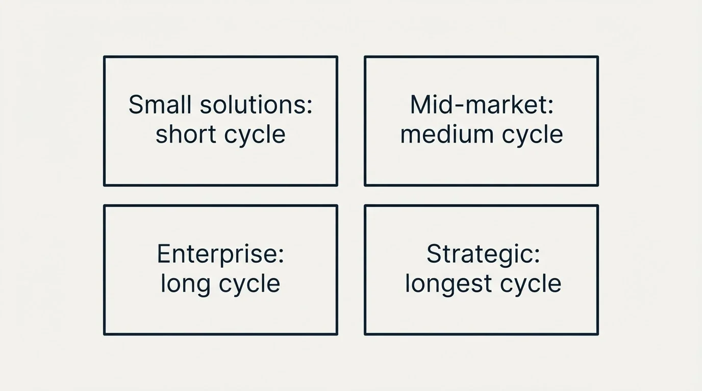 Schematic: Deal Size Impact on Performance (Small solutions: short cycle, Mid-market: medium cycle, Enterprise: long cycle, Strategic: longest cycle)