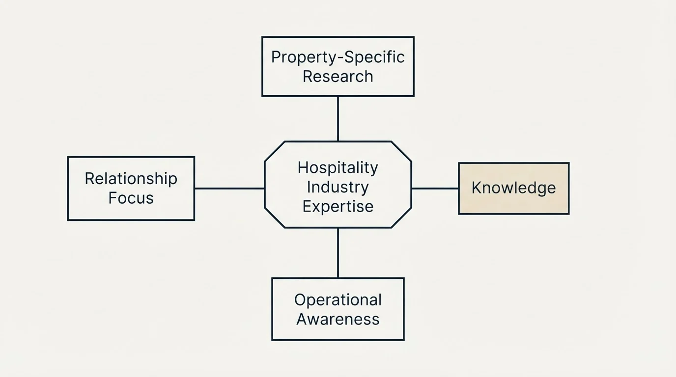 Schematic: What Top Performers Do Differently (Hospitality Industry Expertise, Property-Specific Research, Operational Awareness, Relationship Focus)