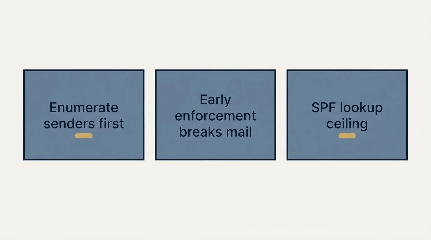 Schematic: Where the reading leads (Enumerate senders first, Early enforcement breaks mail, SPF lookup ceiling)