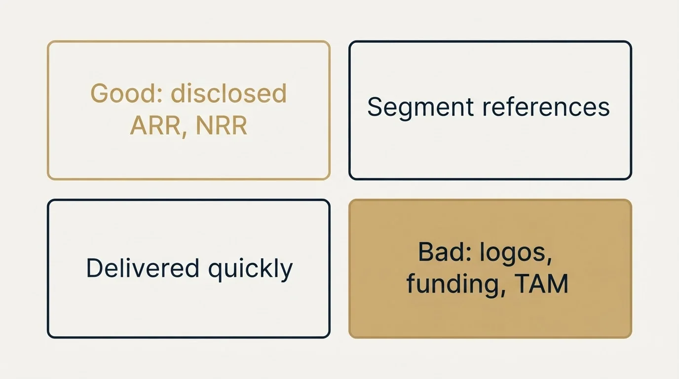 Schematic: What a good answer sounds like (Good: disclosed ARR, NRR, Segment references, Delivered quickly, Bad: logos, funding, TAM)