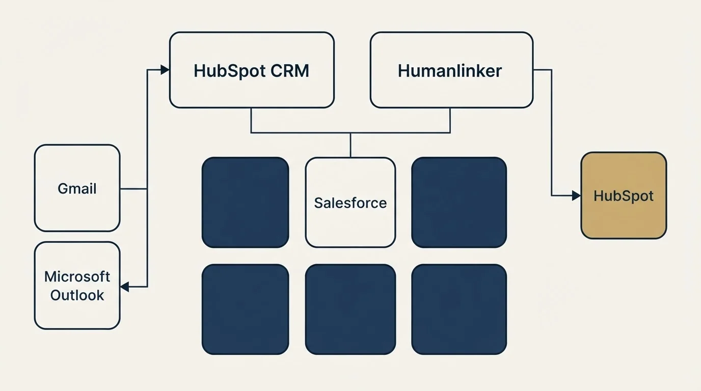 Integration grid: Integration Ecosystem (HubSpot CRM, Humanlinker, Salesforce, Gmail)