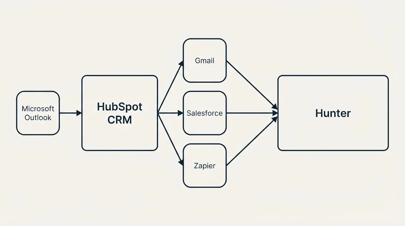 Integration schematic: Integration Ecosystem (HubSpot CRM, Hunter, Gmail, Salesforce)