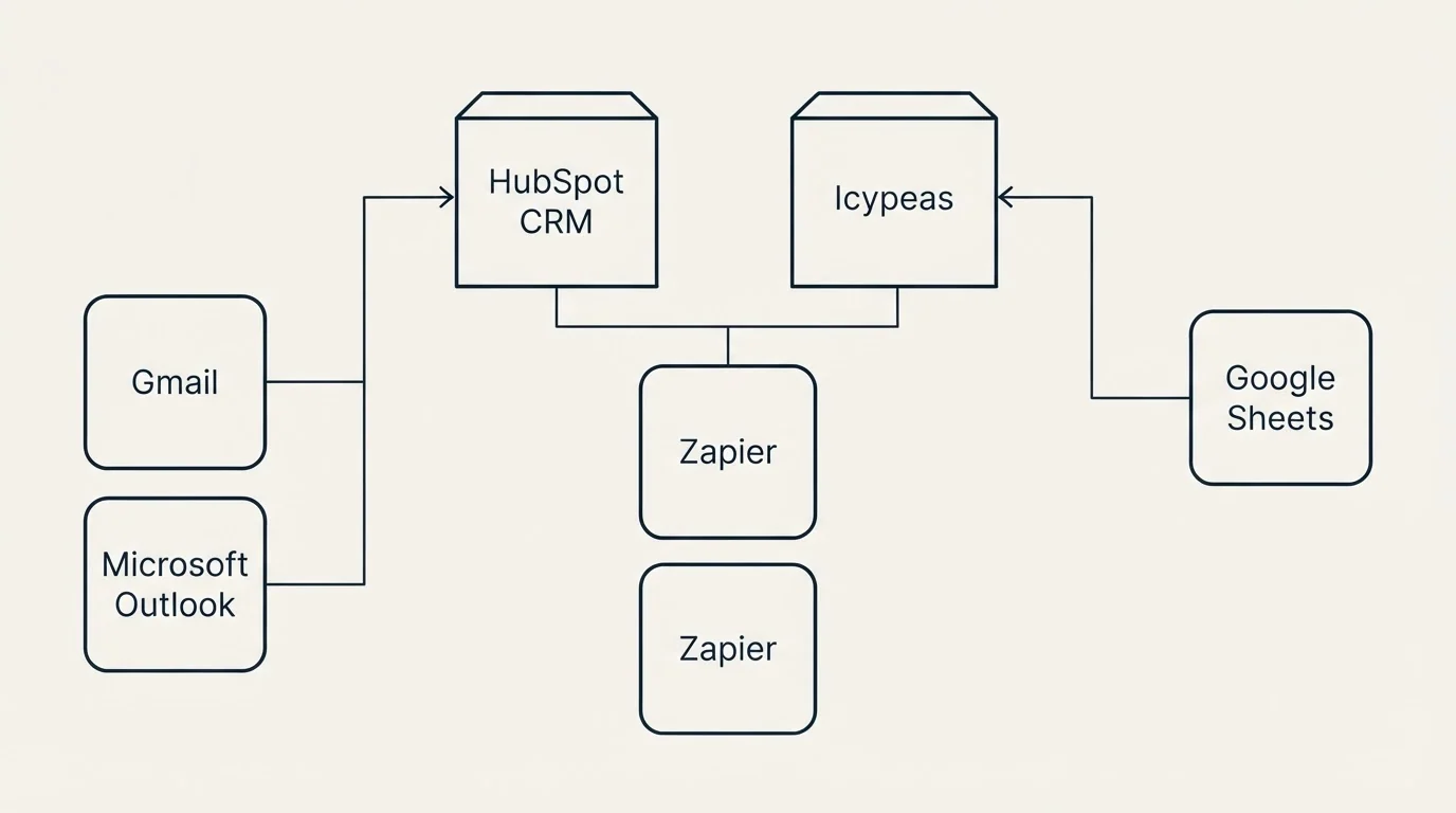 Integration grid: Integration Ecosystem (HubSpot CRM, Icypeas, Zapier, Gmail)