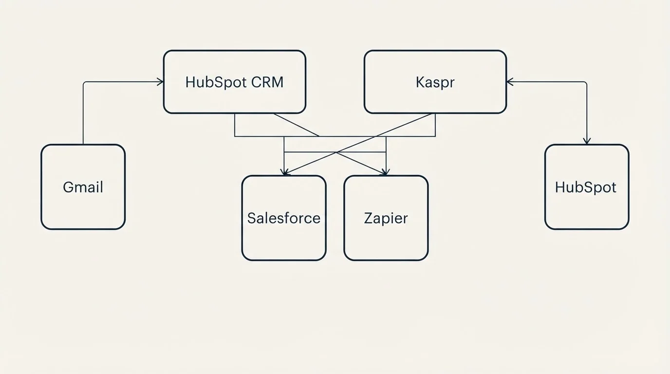 Integration grid: Integration Ecosystem (HubSpot CRM, Kaspr, Salesforce, Zapier)