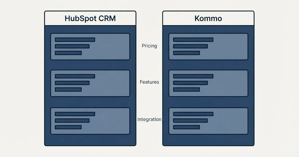 Comparison panel: HubSpot CRM vs Kommo (Pricing, Features, Integration)