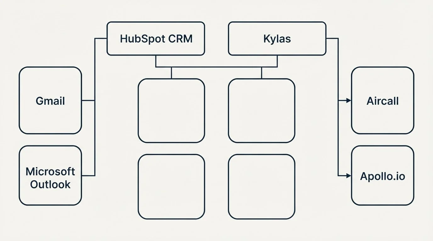 Integration grid: Integration Ecosystem (HubSpot CRM, Kylas, Gmail, Aircall)
