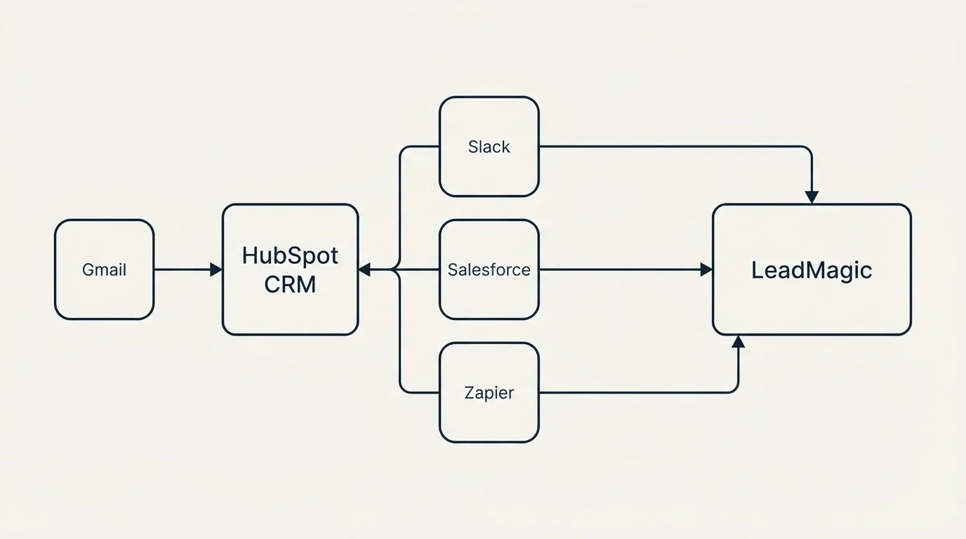 Integration schematic: Integration Ecosystem (HubSpot CRM, LeadMagic, Slack, Salesforce)