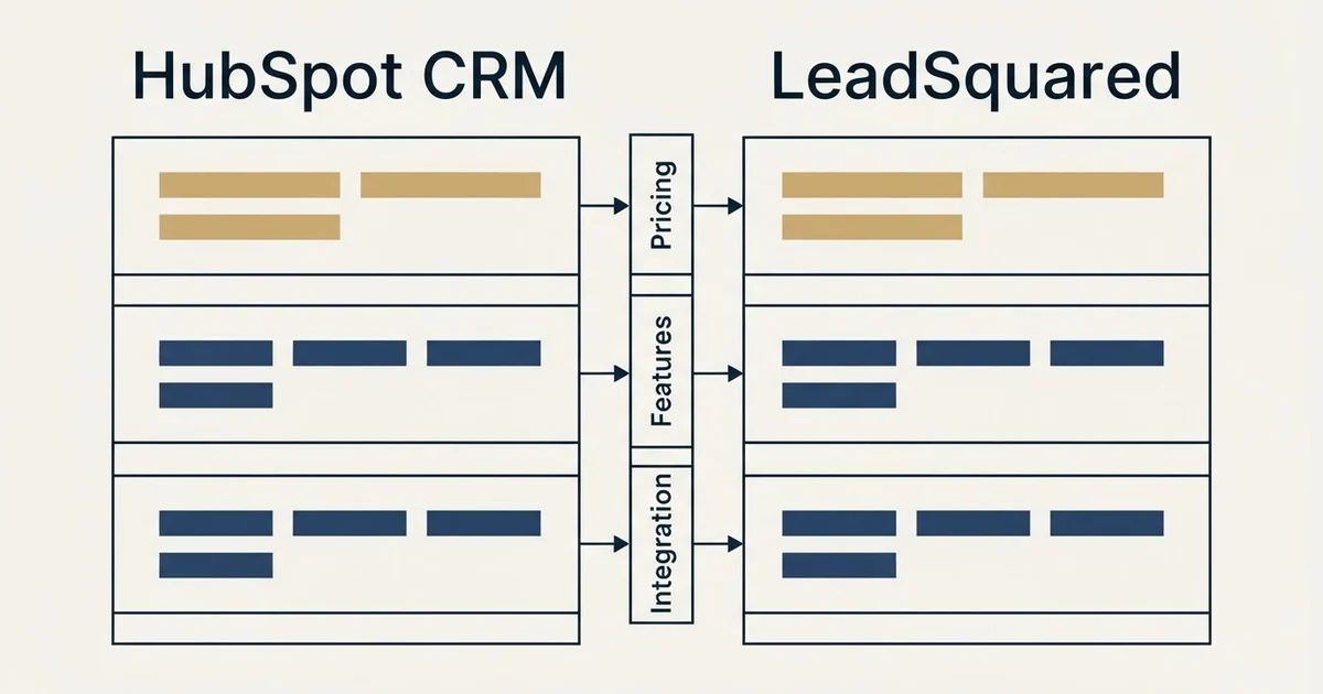 Comparison panel: HubSpot CRM vs LeadSquared (Pricing, Features, Integration)
