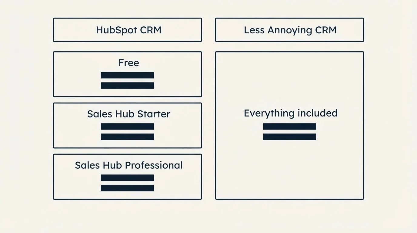Pricing table: Pricing Comparison (HubSpot CRM, Less Annoying CRM, Free, Everything included)