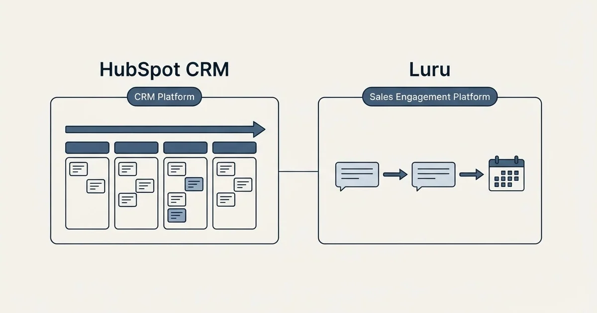Side-by-side panels: HubSpot CRM vs Luru (CRM Platform, Sales Engagement Platform)