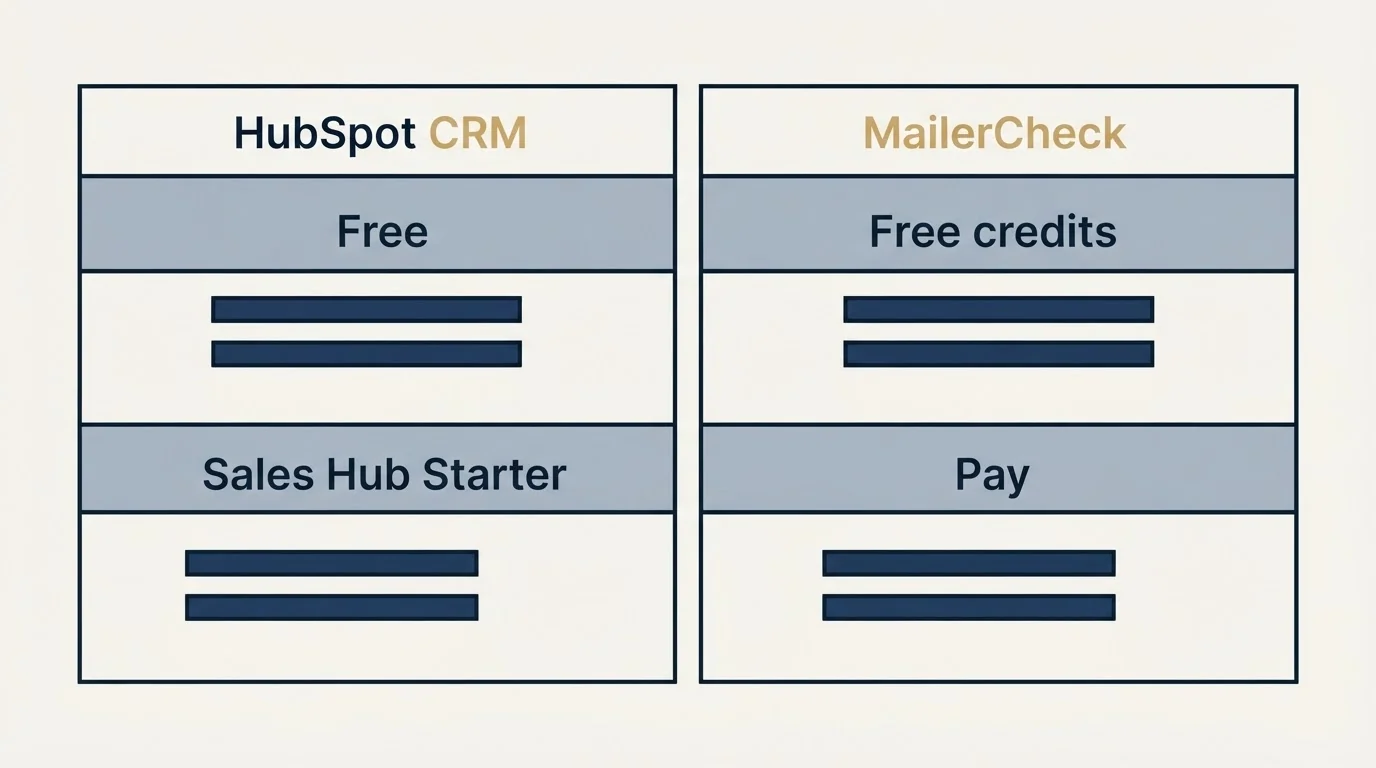 Pricing table: Pricing Comparison (HubSpot CRM, MailerCheck, Free, Free credits)