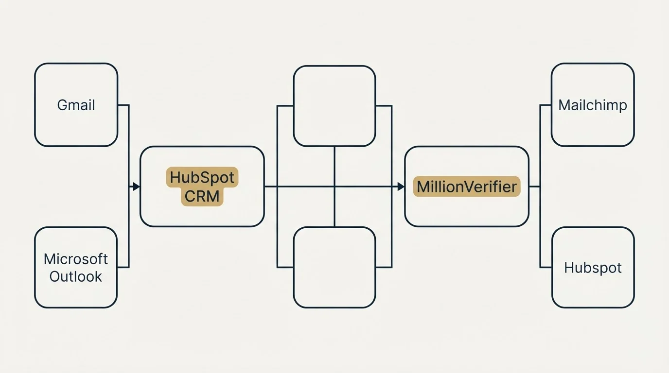 Integration flow: Integration Ecosystem (HubSpot CRM, MillionVerifier, Gmail, Mailchimp)