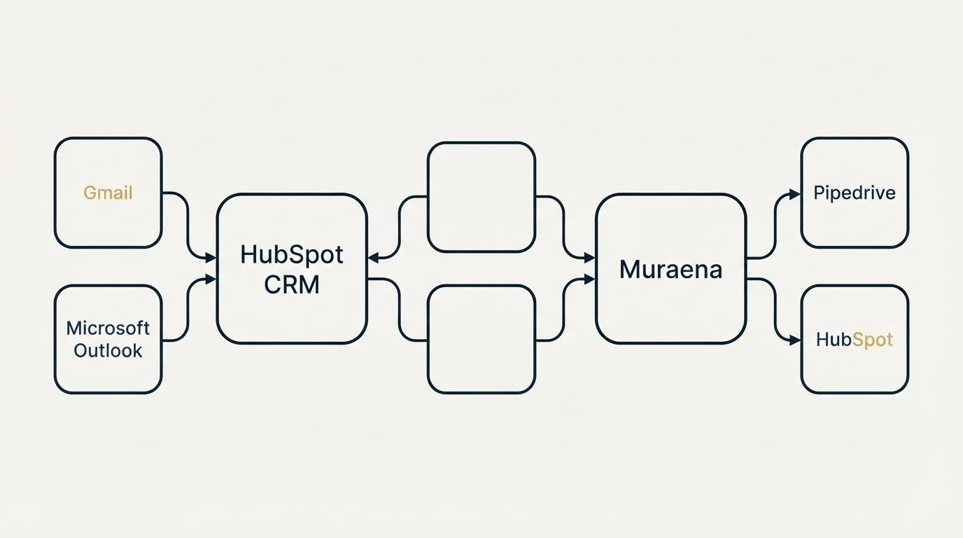 Integration schematic: Integration Ecosystem (HubSpot CRM, Muraena, Gmail, Pipedrive)