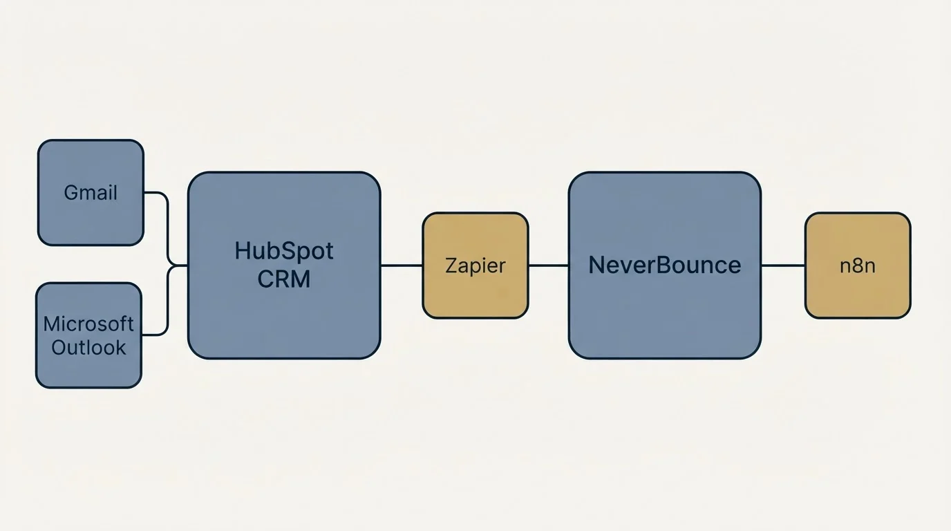 Integration schematic: Integration Ecosystem (HubSpot CRM, NeverBounce, Zapier, Gmail)