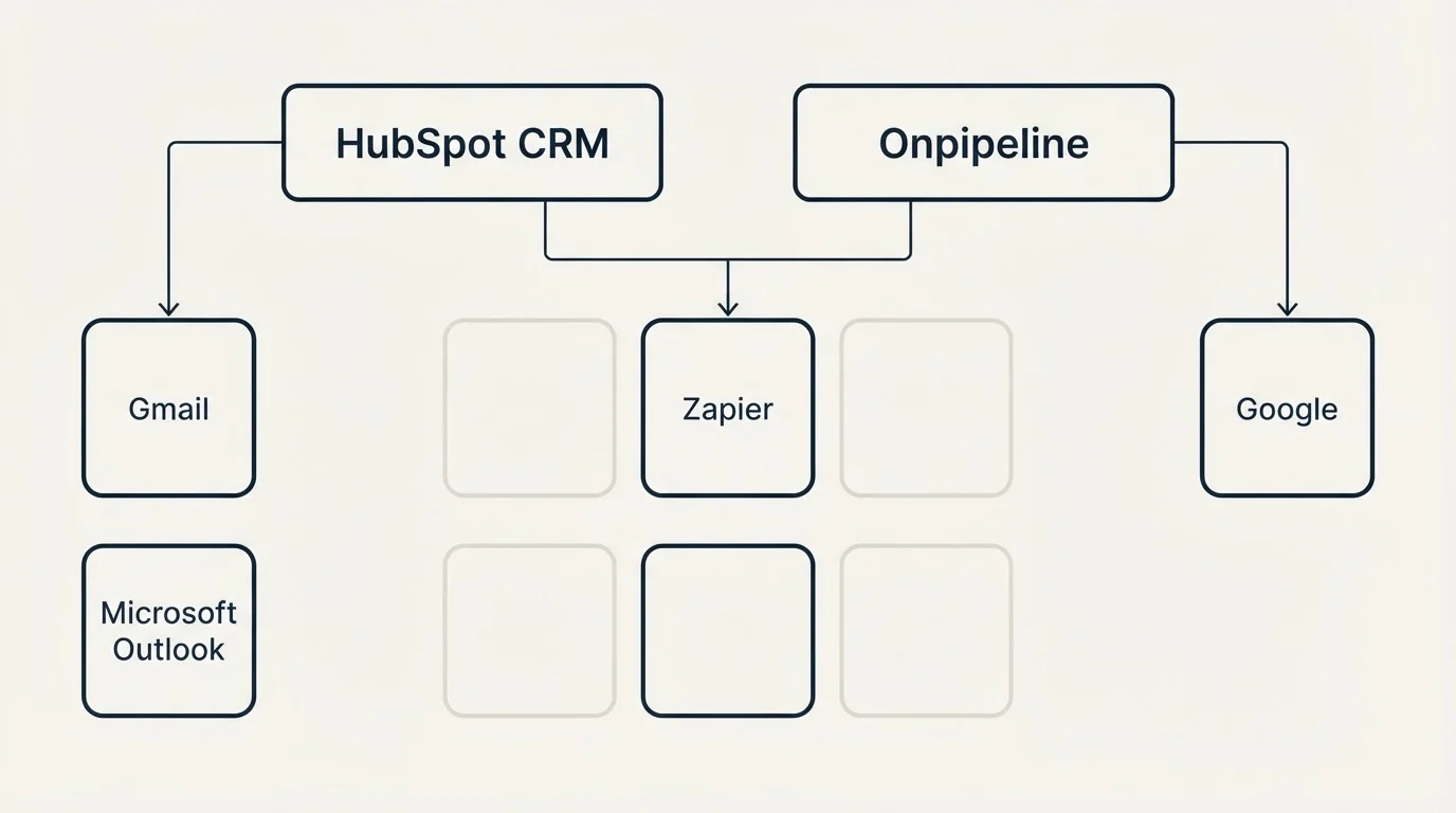 Integration grid: Integration Ecosystem (HubSpot CRM, Onpipeline, Zapier, Gmail)