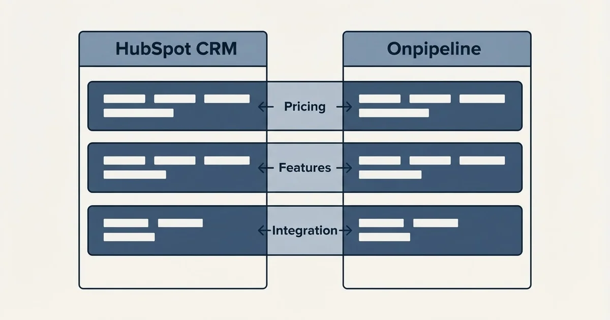 Comparison panel: HubSpot CRM vs Onpipeline (Pricing, Features, Integration)