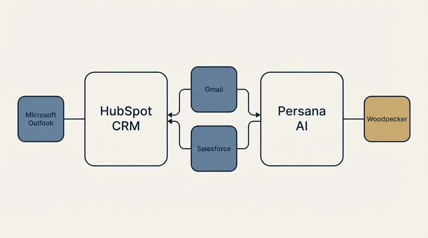Integration schematic: Integration Ecosystem (HubSpot CRM, Persana AI, Gmail, Salesforce)