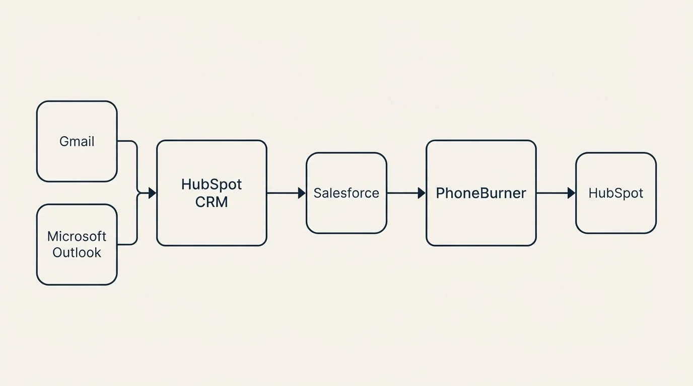 Integration flow: Integration Ecosystem (HubSpot CRM, PhoneBurner, Salesforce, Gmail)