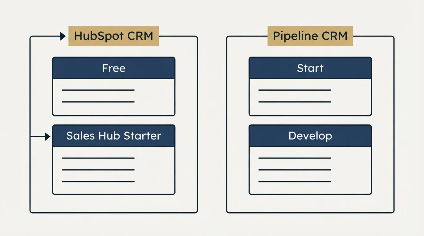 Pricing panels: Pricing Comparison (HubSpot CRM, Pipeline CRM, Free, Start)