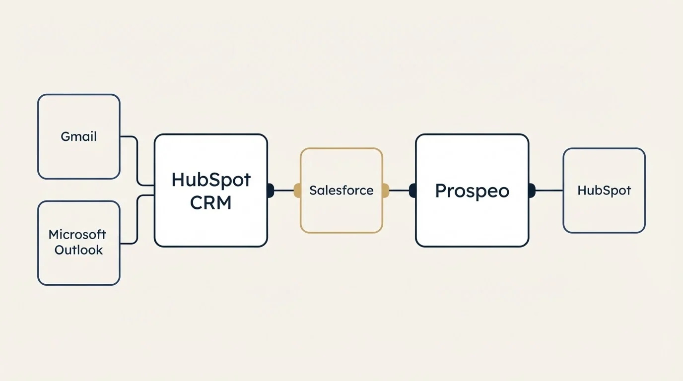 Integration schematic: Integration Ecosystem (HubSpot CRM, Prospeo, Salesforce, Gmail)