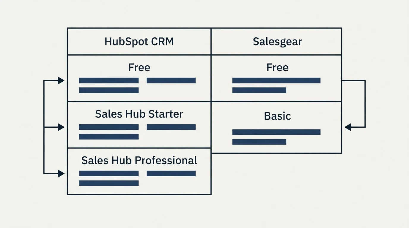 Pricing table: Pricing Comparison (HubSpot CRM, Salesgear, Free, Sales Hub Starter)