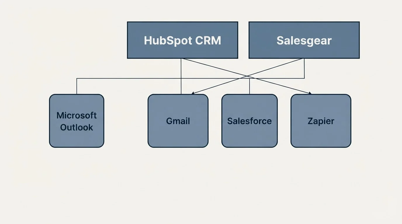 Integration grid: Integration Ecosystem (HubSpot CRM, Salesgear, Gmail, Salesforce)