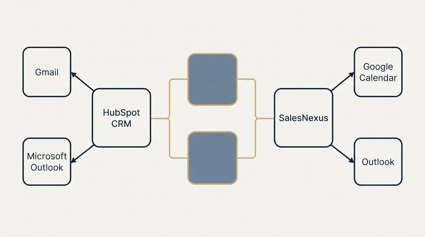 Integration schematic: Integration Ecosystem (HubSpot CRM, SalesNexus, Gmail, Google Calendar)