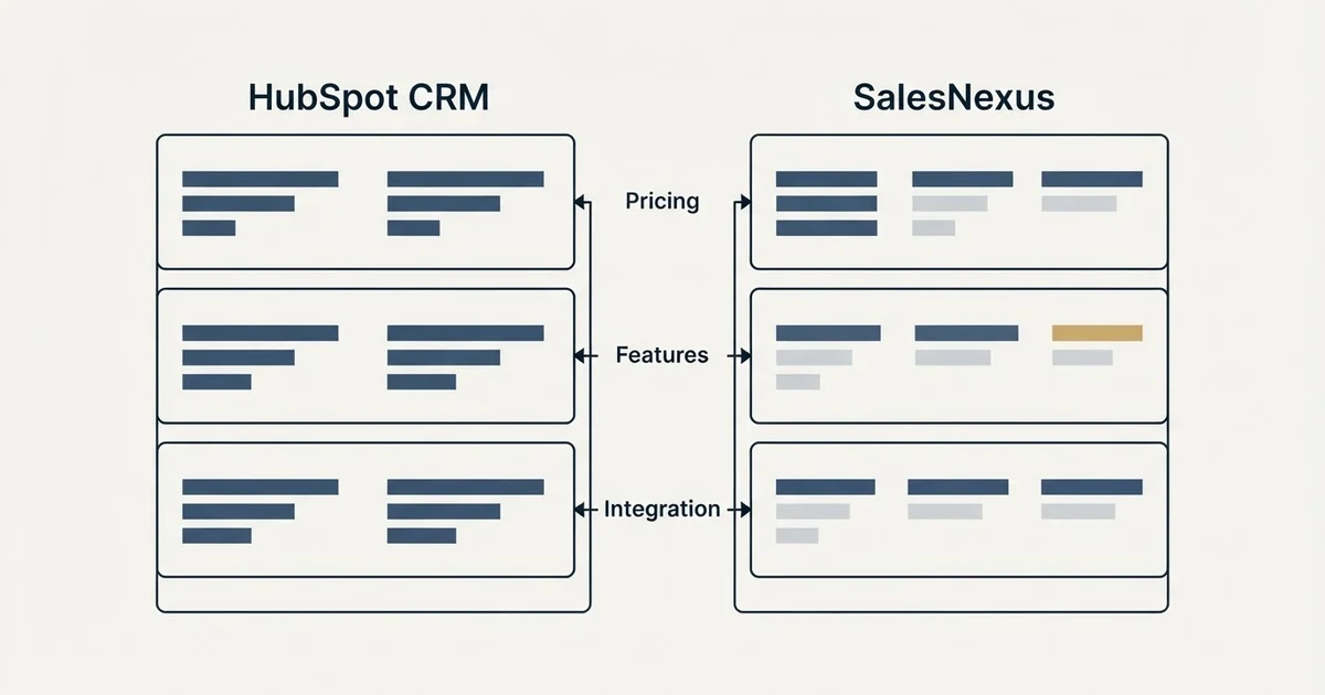 Comparison panel: HubSpot CRM vs SalesNexus (Pricing, Features, Integration)