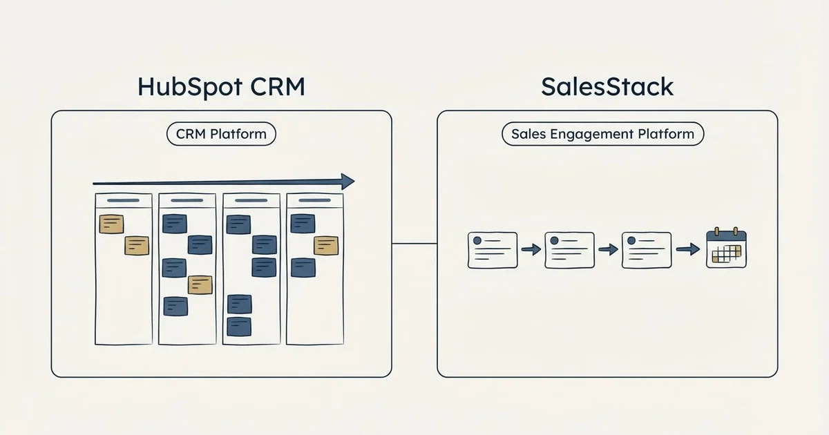 Side-by-side panels: HubSpot CRM vs SalesStack (CRM Platform, Sales Engagement Platform)