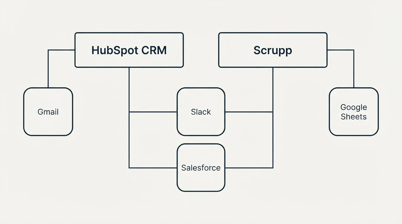 Integration grid: Integration Ecosystem (HubSpot CRM, Scrupp, Slack, Salesforce)