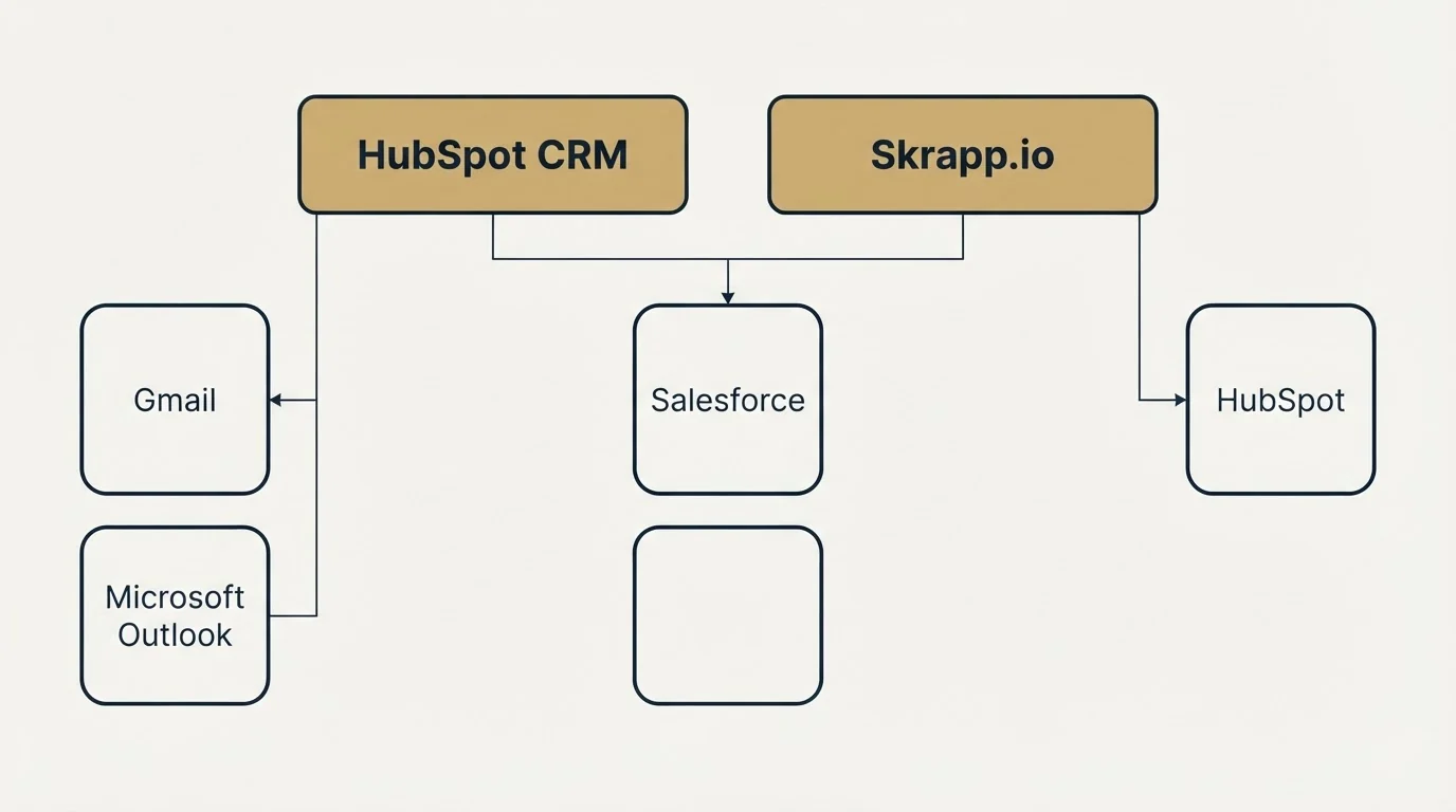 Integration grid: Integration Ecosystem (HubSpot CRM, Skrapp.io, Salesforce, Gmail)