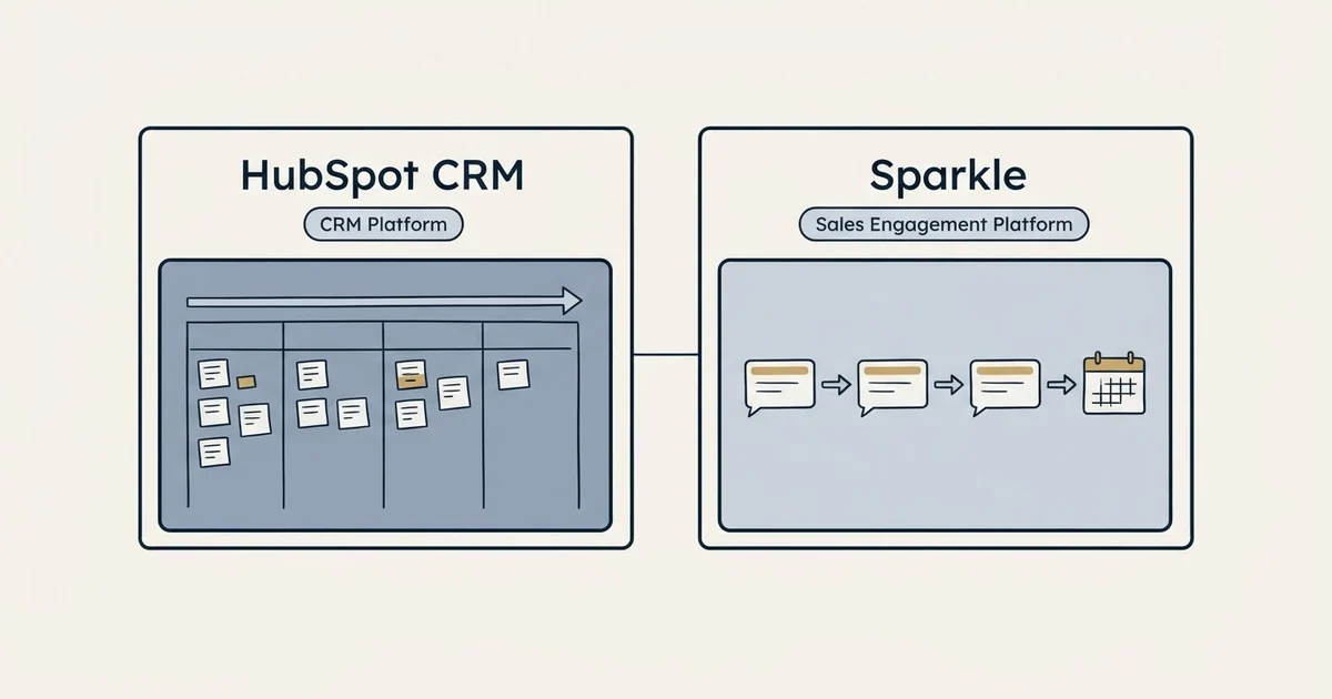 Side-by-side panels: HubSpot CRM vs Sparkle (CRM Platform, Sales Engagement Platform)