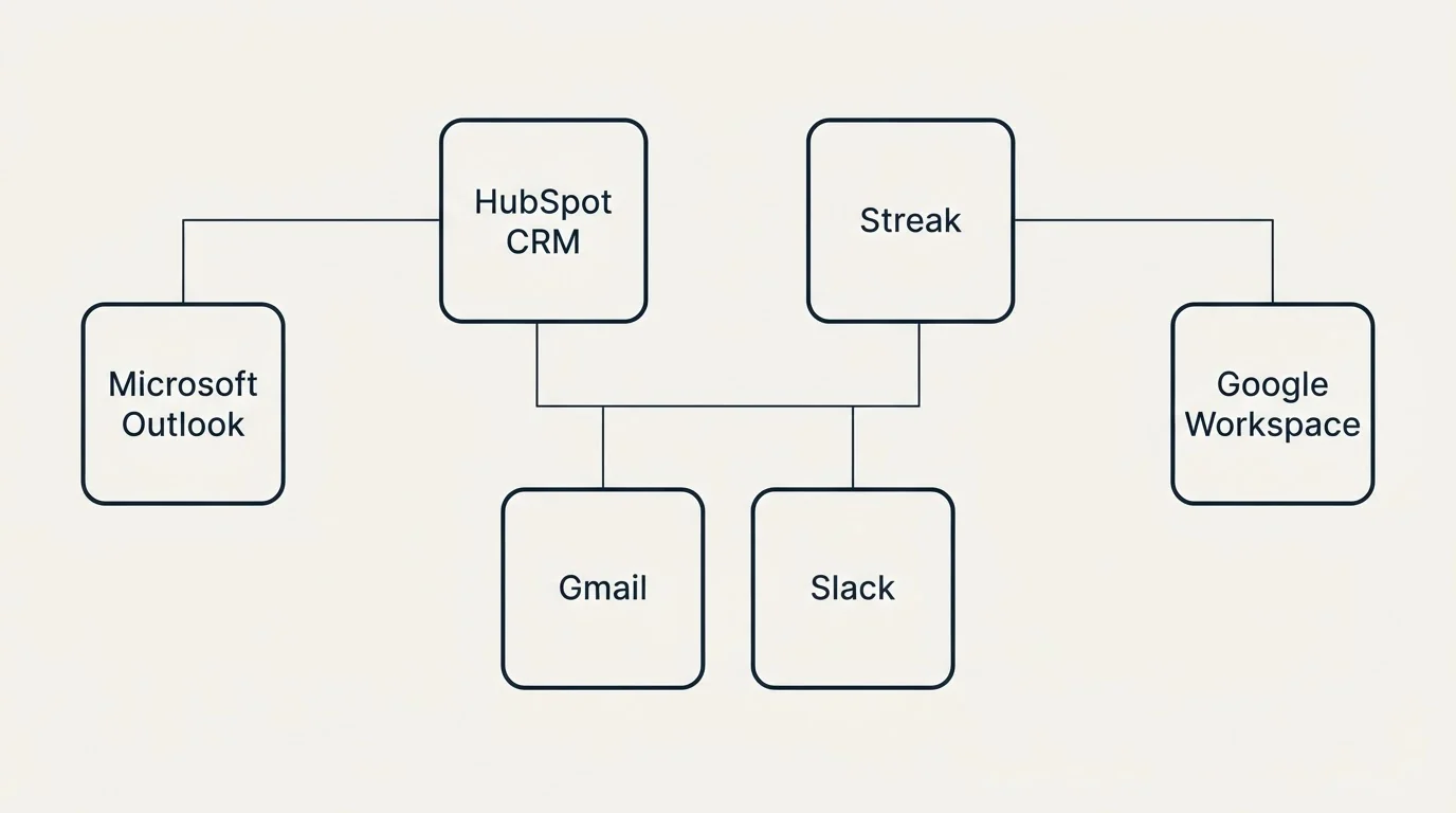 Integration grid: Integration Ecosystem (HubSpot CRM, Streak, Gmail, Slack)